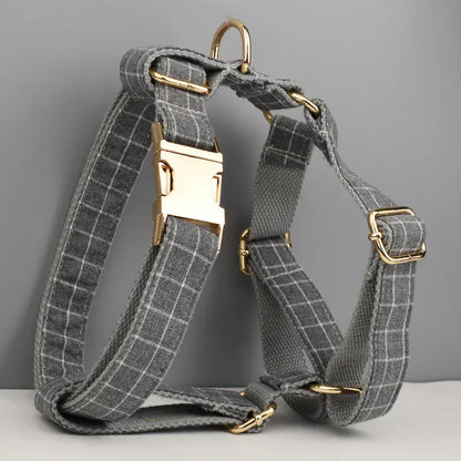 Custom Gray Plaid Dog Harness Set for Small Breed Puppies