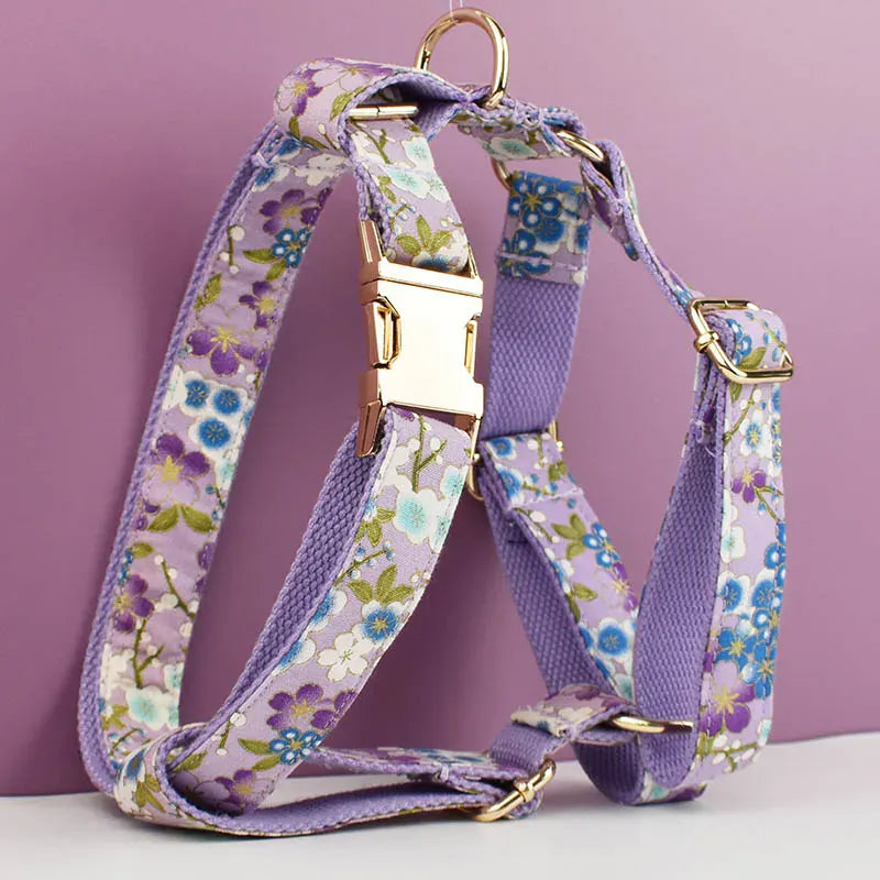 Lilac floral print fabric dog harness with blue flowers and rose gold metal hardware by Purrfect Pet Kingdom.