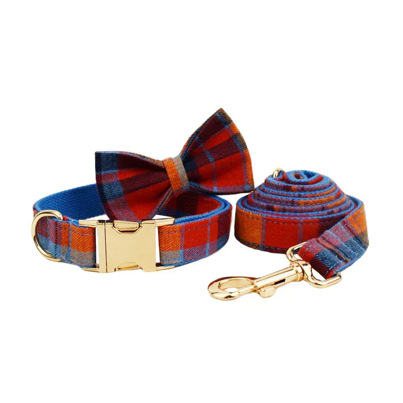 Purrfect Pet Kingdom Midnight Copper Plaid dog collar with bow tie and leash, fabric with gold metal hardware.