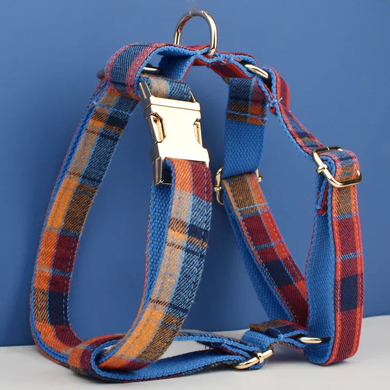 Midnight copper plaid adjustable dog harness with blue straps and gold hardware by Purrfect Pet Kingdom.