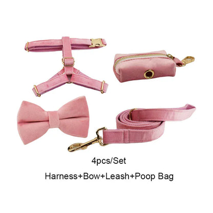 Luxurious Pink Velvet Dog Harness Leash and Collar Set Small