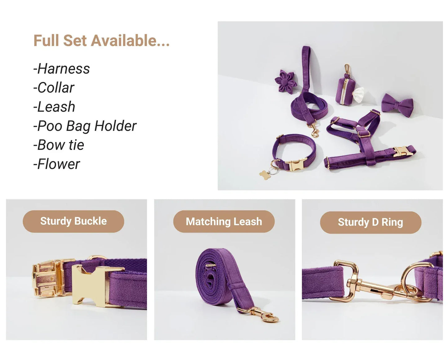 Premium Purple Velvet Dog Collar and Leash Set for Small Do