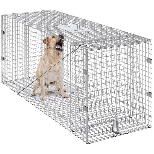 Live Animal Cage Trap, 50" x 20" x 26" Humane Cat Trap Galvanized Iron, Folding Animal Trap with Handle for Stray Dogs, Armadillos, Raccoons, Marmots, Foxes