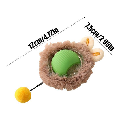 Purrfect Pet Kingdom interactive green rolling cat ball with brown plush, bunny ears, and yellow pom-pom.