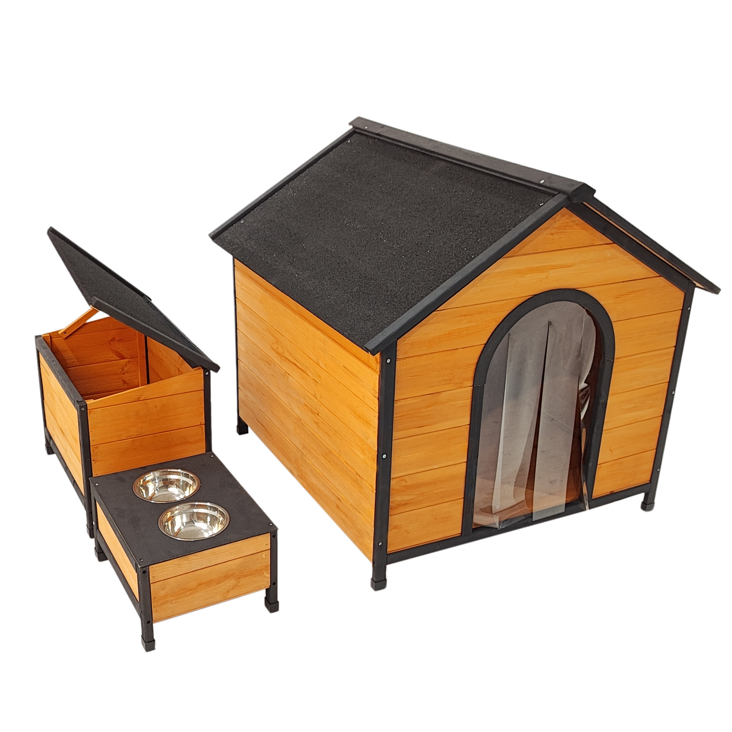 XPT088 Wearable and Strong Wooden Dog House with Metal Bowls