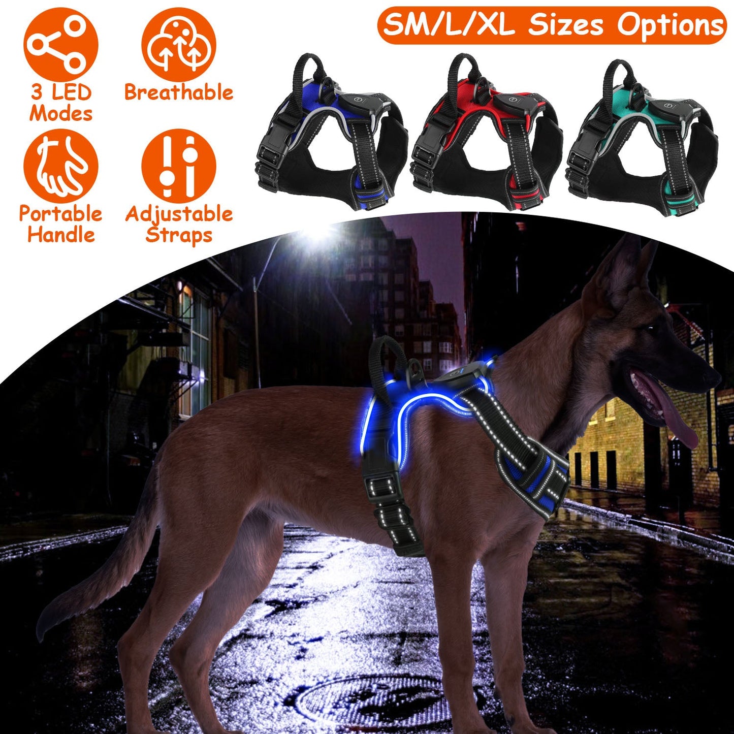 Light Up Dog Harness Rechargeable LED Dog Harness No Pull Lighted Dog Vest with Handle for Small/Medium/Large Dogs