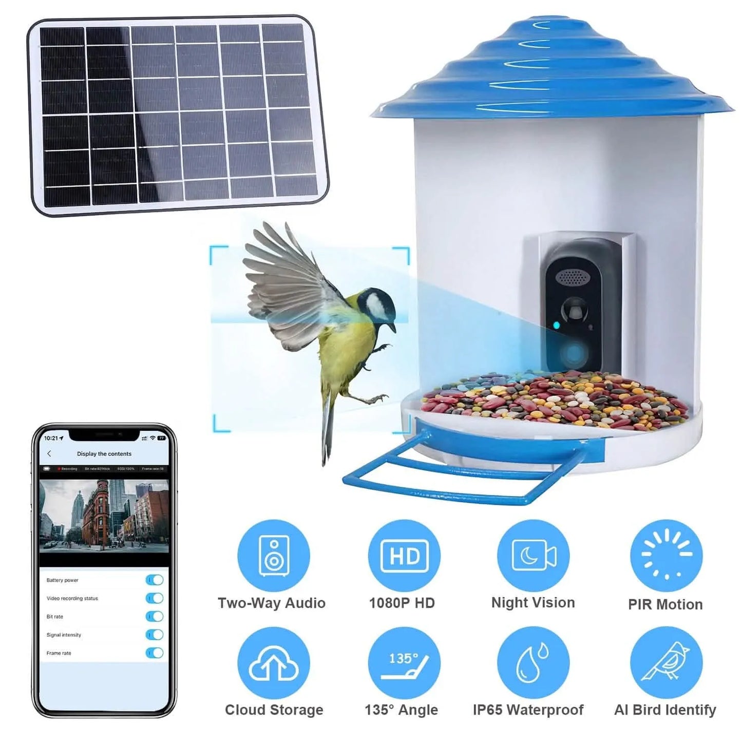 DailySale - Smart Bird Feeder with Solar Powered Camera 1080P HD AI Identify PIR - Pet Supplies