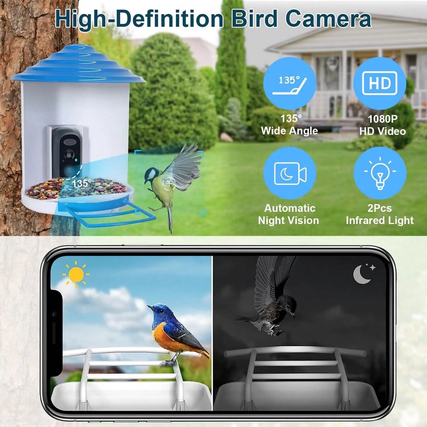 DailySale - Smart Bird Feeder with Solar Powered Camera 1080P HD AI Identify PIR - Pet Supplies