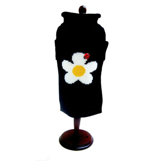 Daisy White Flower and Lady Bug Black Turtleneck Pet Sweater
