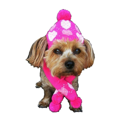 Pink Hearts Pom Pom Pet Hat with Matching Pet Scarf