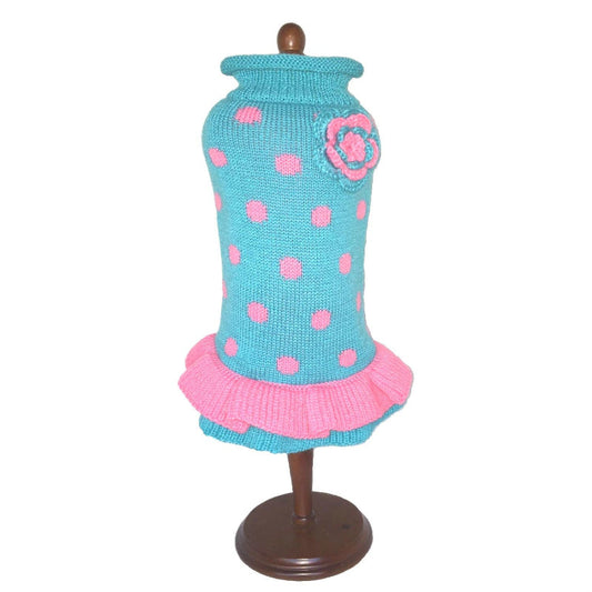 Turquoise Pink Flower and Polka Dots with Ruffle Bottom Turtleneck Pet Sweater Dress