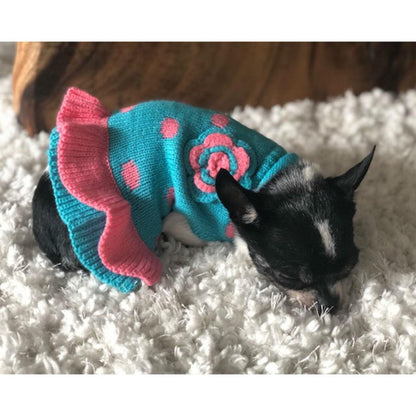 Turquoise Pink Flower and Polka Dots with Ruffle Bottom Turtleneck Pet Sweater Dress