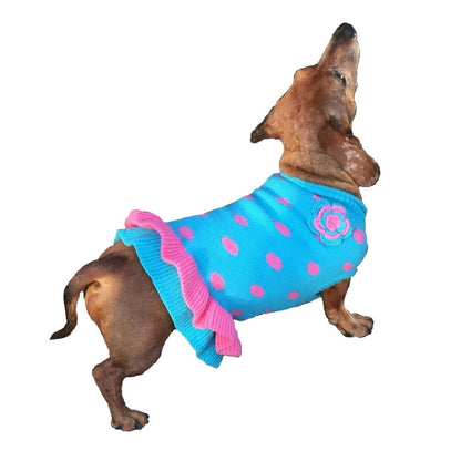 Turquoise Pink Flower and Polka Dots with Ruffle Bottom Turtleneck Pet Sweater Dress