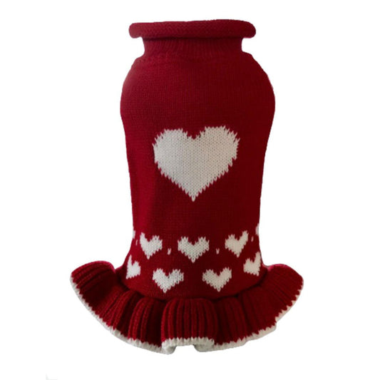 White Hearts with Ruffle Bottom Turtleneck Red Pet Sweater Dress