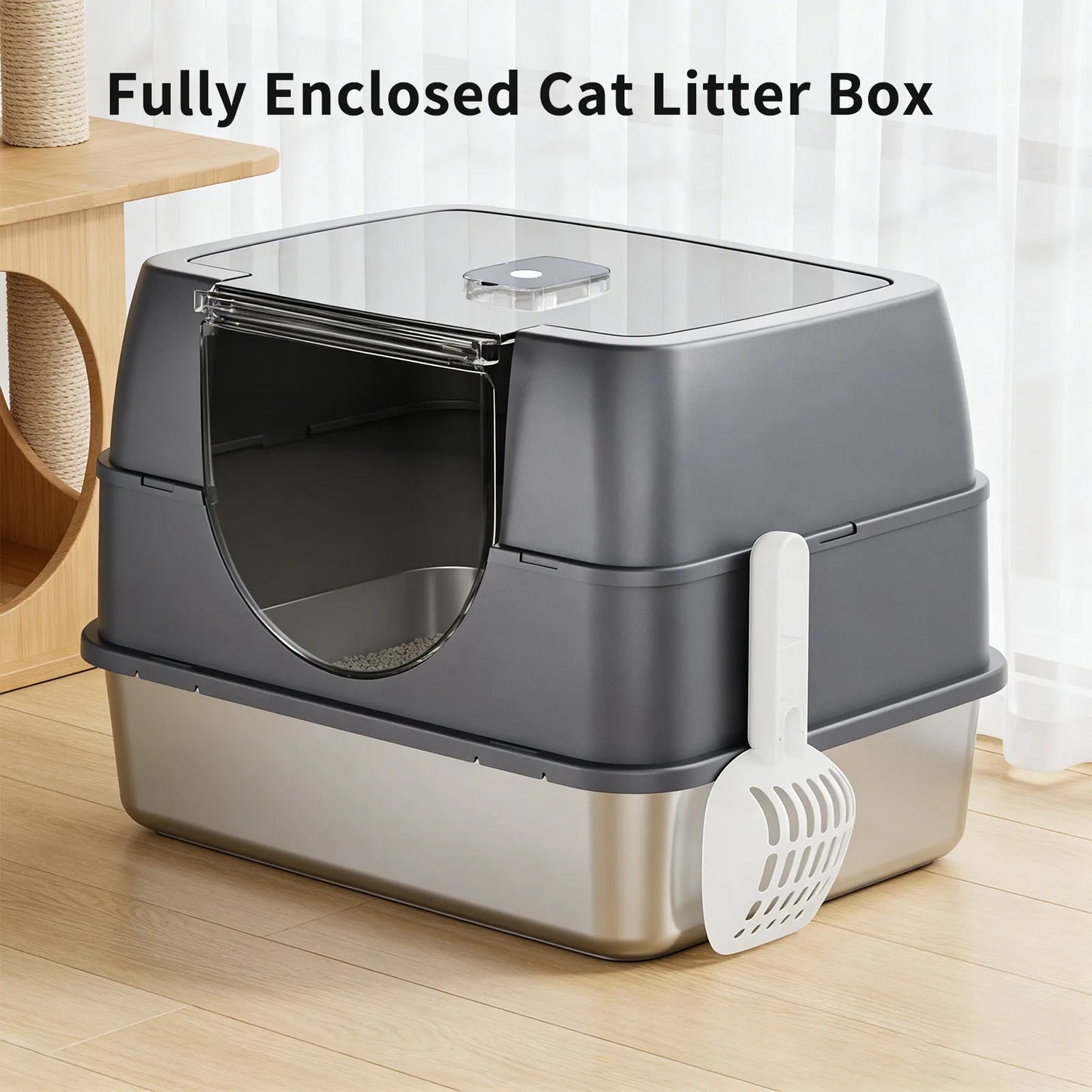 Dark gray large fully enclosed top entry cat litter box by Purrfect Pet Kingdom, ideal for keeping your cat's space clean.