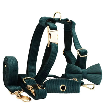 Personalized Dark Green Corduroy Dog Harness and Leash Set