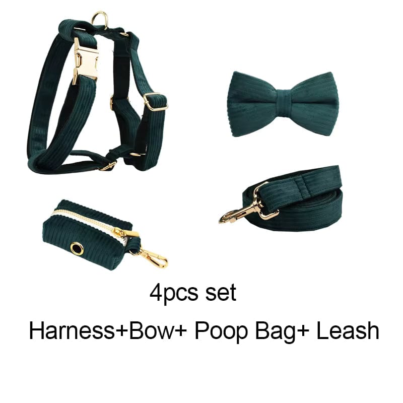 Personalized Dark Green Corduroy Dog Harness and Leash Set