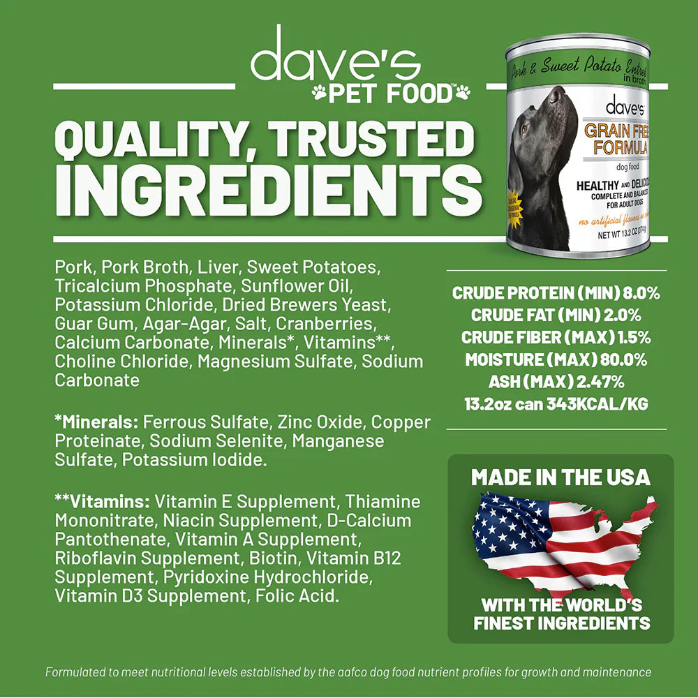 Dave's Pet Grain Free Pork Dog Food with sweet potatoes and healthy ingredients for all dogs