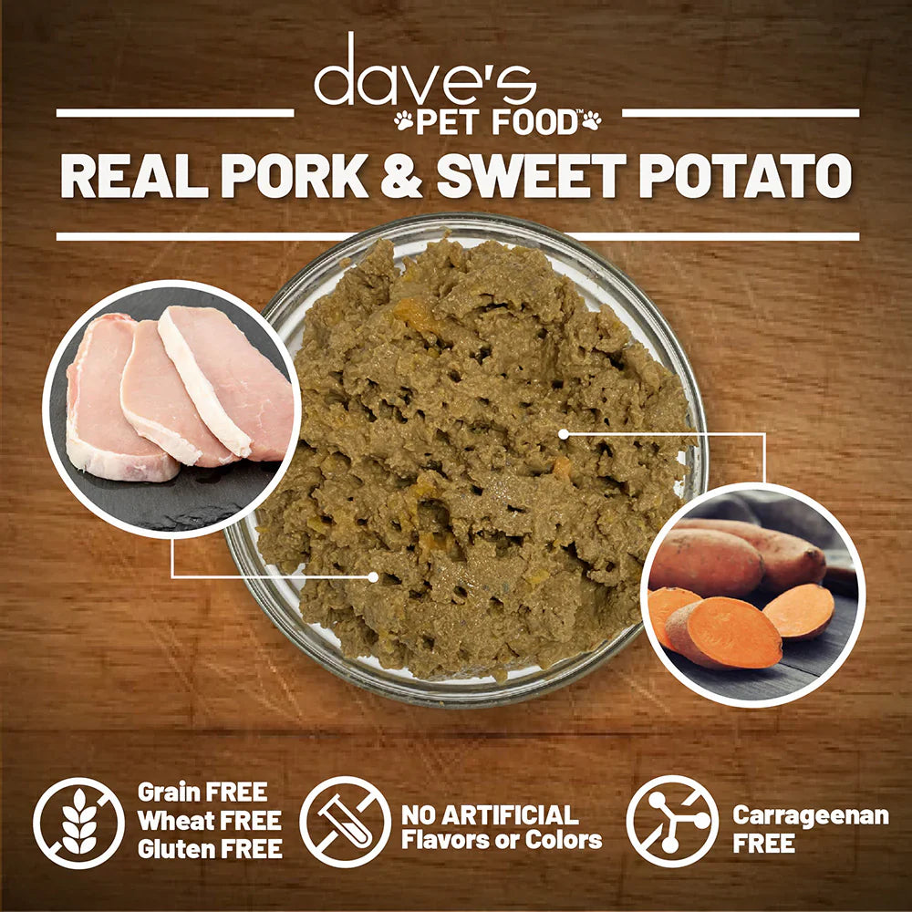 Dave's Pet Dog Food featuring grain free pork dog food with real pork and sweet potato ingredients