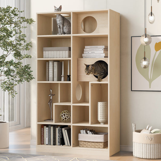 HouseOfZazla 63.5" natural wood cat bookcase tree with circular holes, 5 levels, and two cats exploring.