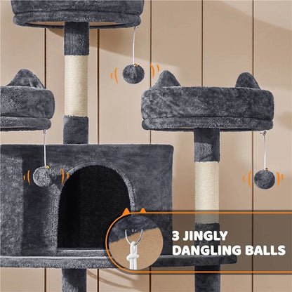 Dark gray cat tree tower featuring a condo, cat-ear perches, sisal posts, and three jingly dangling plush toy balls.