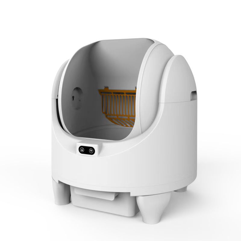 White plastic Purrfect Pet Kingdom smart automatic self-cleaning cat litter box with orange sifter and digital screen.