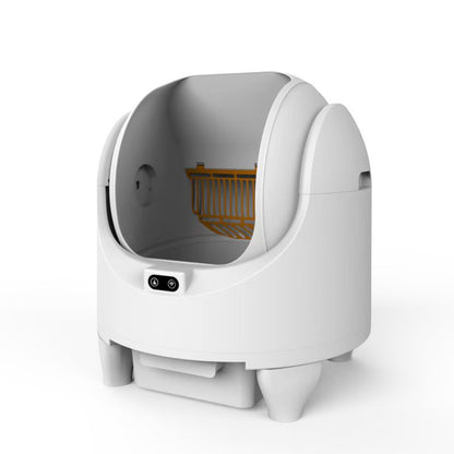 White plastic Purrfect Pet Kingdom smart automatic self-cleaning cat litter box with orange sifter and digital screen.