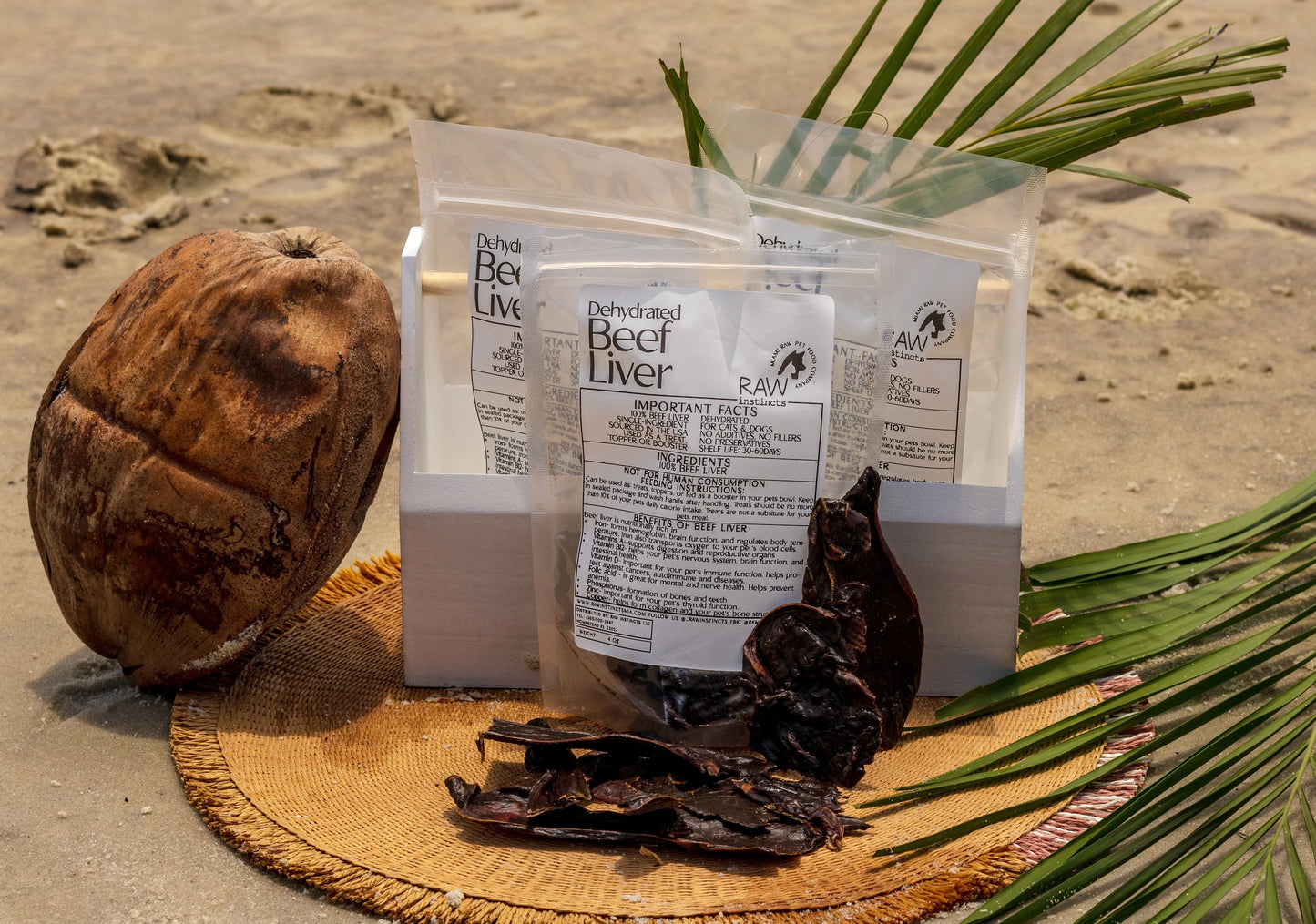 Dehydrated Beef Liver for Cats and Dogs by Raw Instincts, 3.5 oz package, single ingredient treat in a natural brown color.