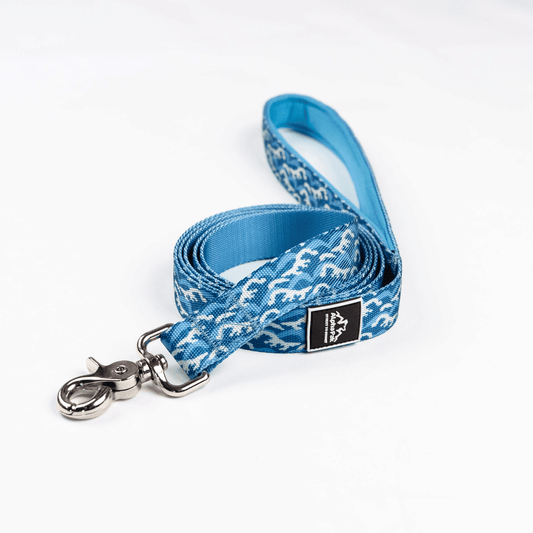 Designer blue dog leash for large dogs with metal clip and patterned fabric from Purrfect Pet Kingdom