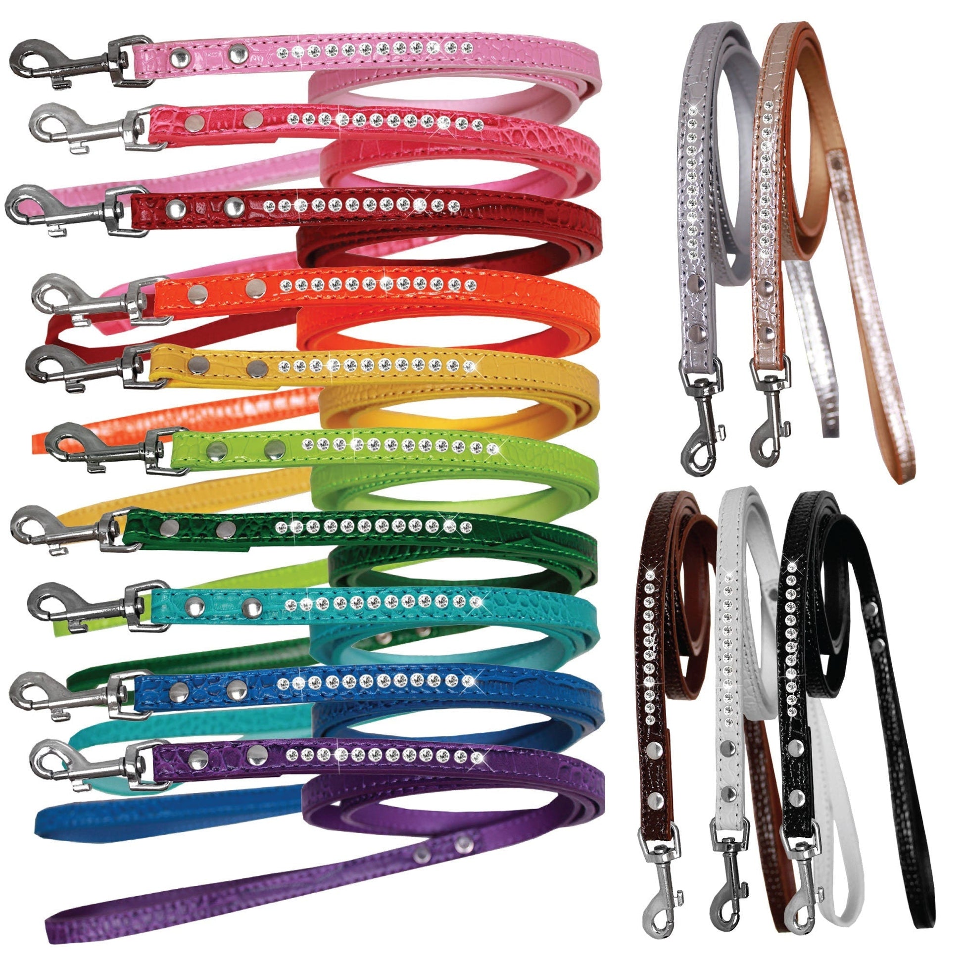 Collection of stylish dog leashes in various colors, featuring a designer puppy leash with crystals