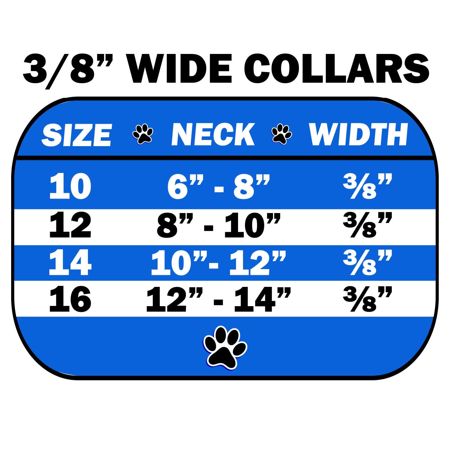 Sizing chart for stylish dog collars with sizes and width information to find the perfect fit