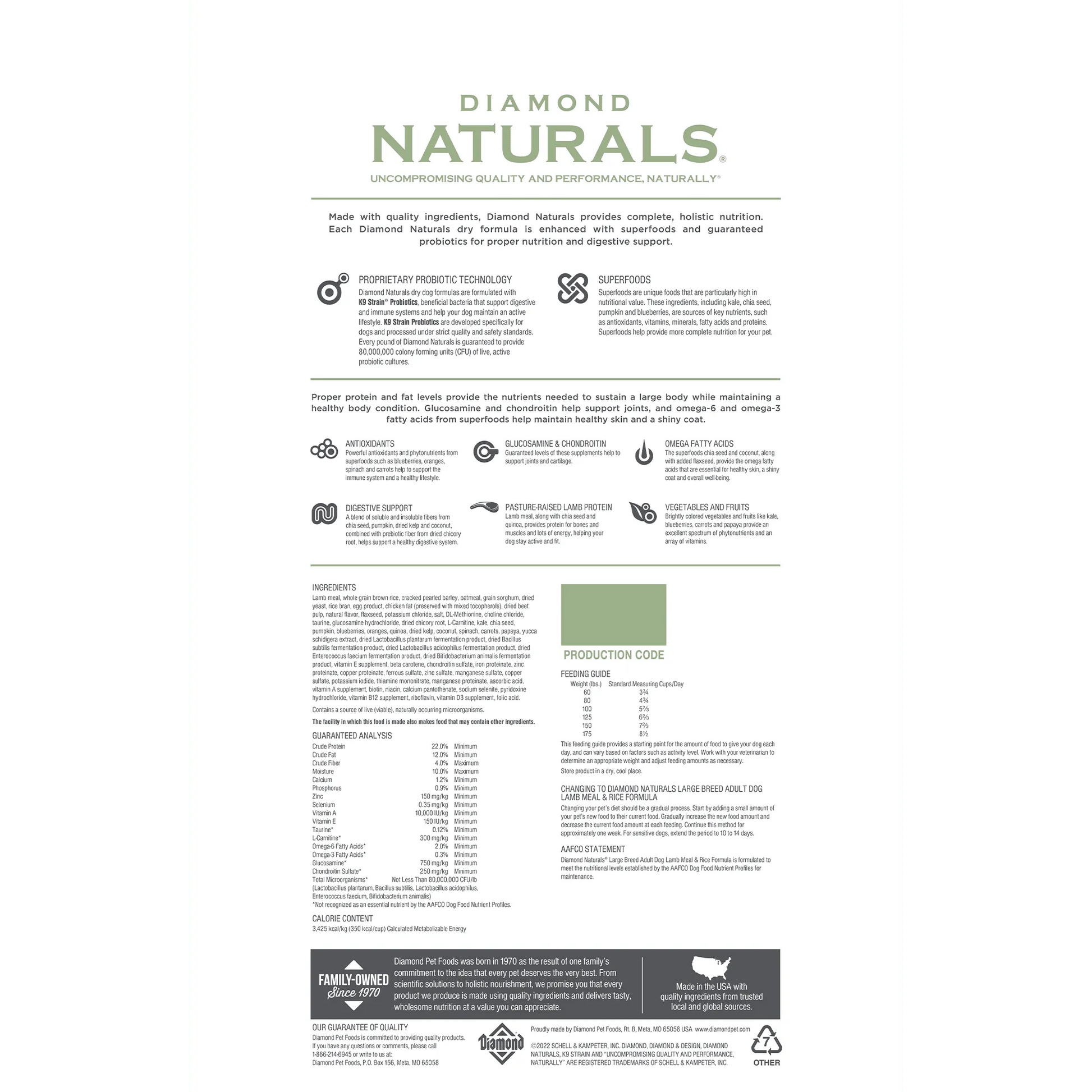 40lb bag of Diamond Natural Adult Large Breed Lamb and Rice Dry Dog Food by The Family Pet, featuring a green and white de...