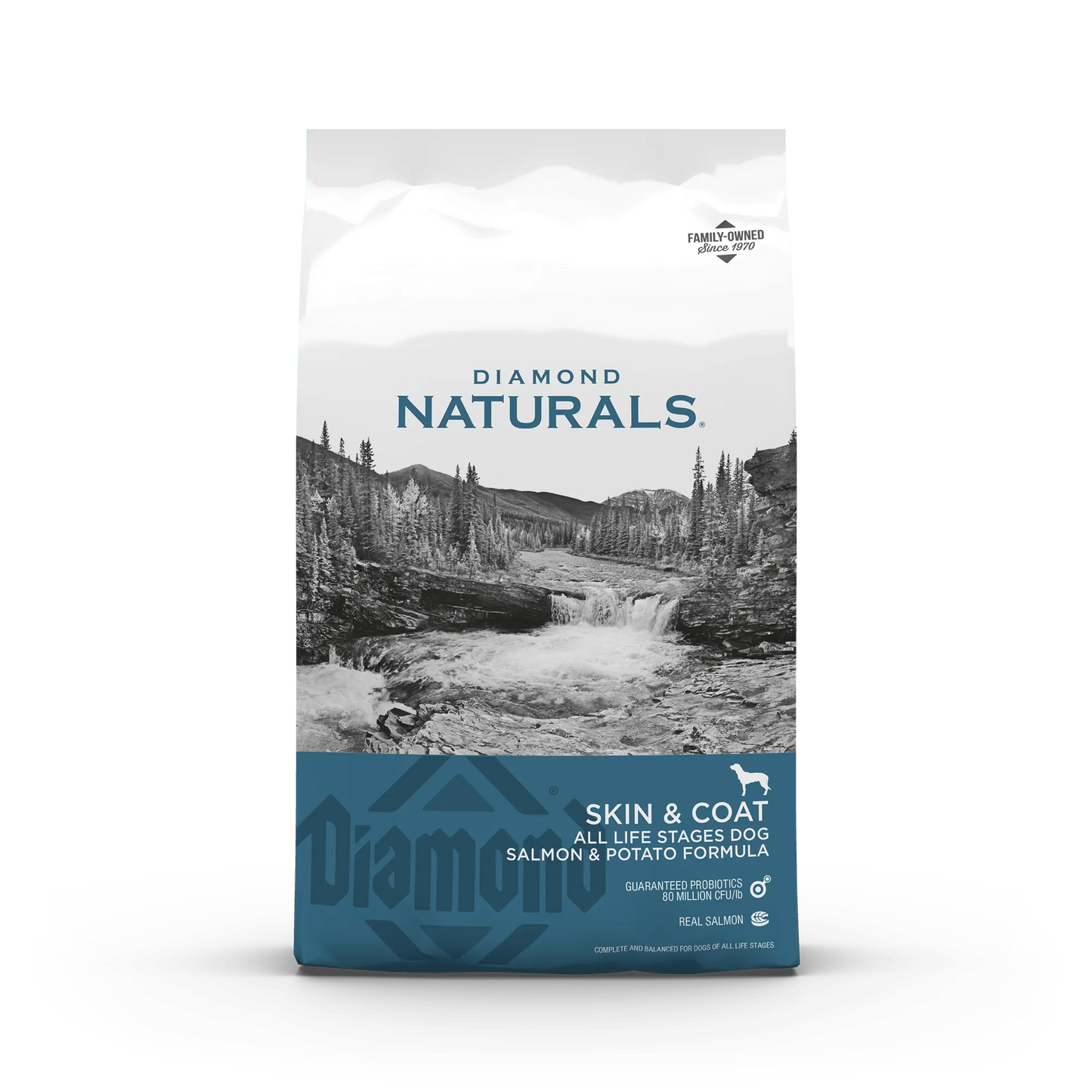 Diamond Naturals Adult Skin & Coat Salmon and Potato Dry Dog Food by The Family Pet, 15lb bag, featuring a vibrant packagi...