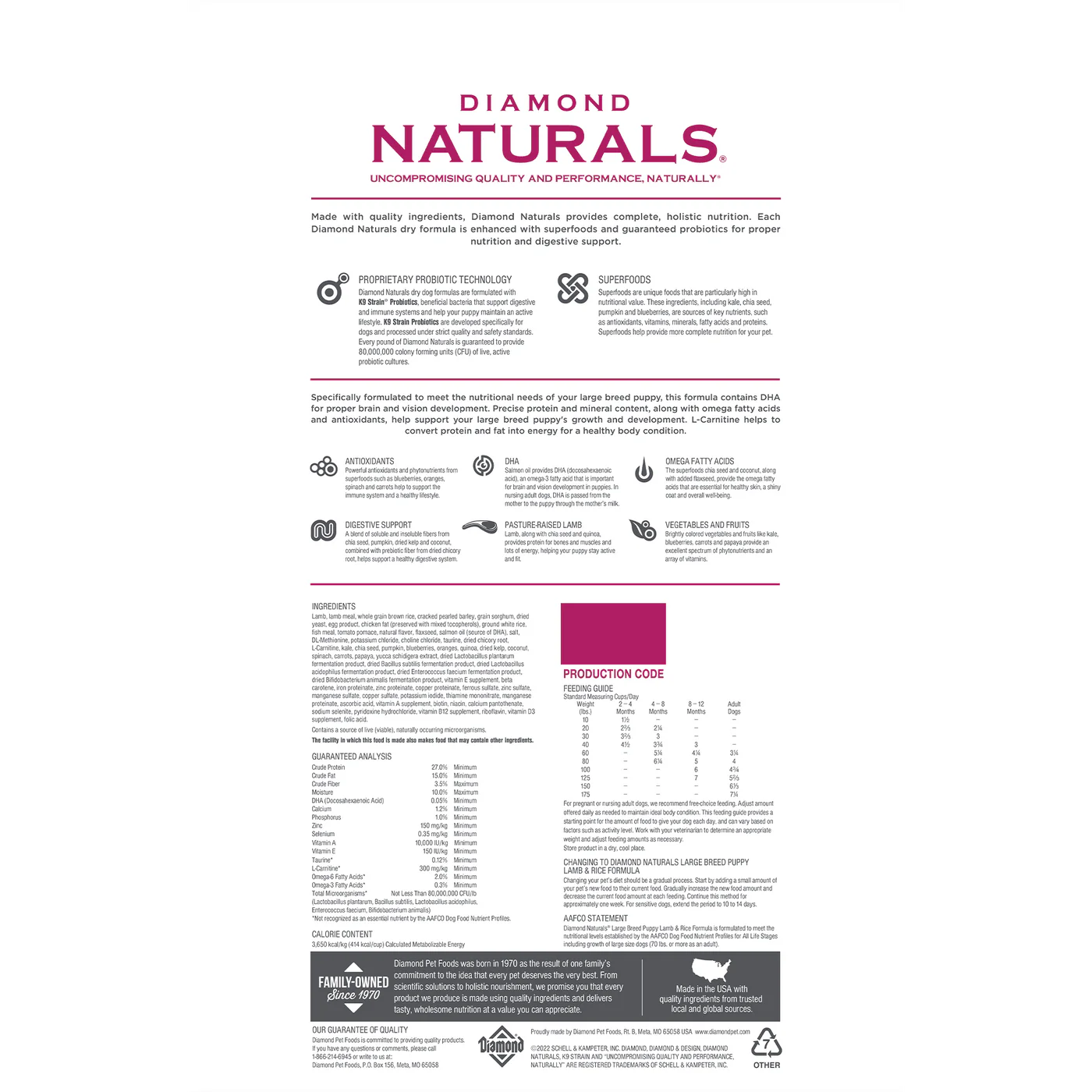Diamond Naturals large breed puppy food nutrition label featuring ingredients and feeding guidelines