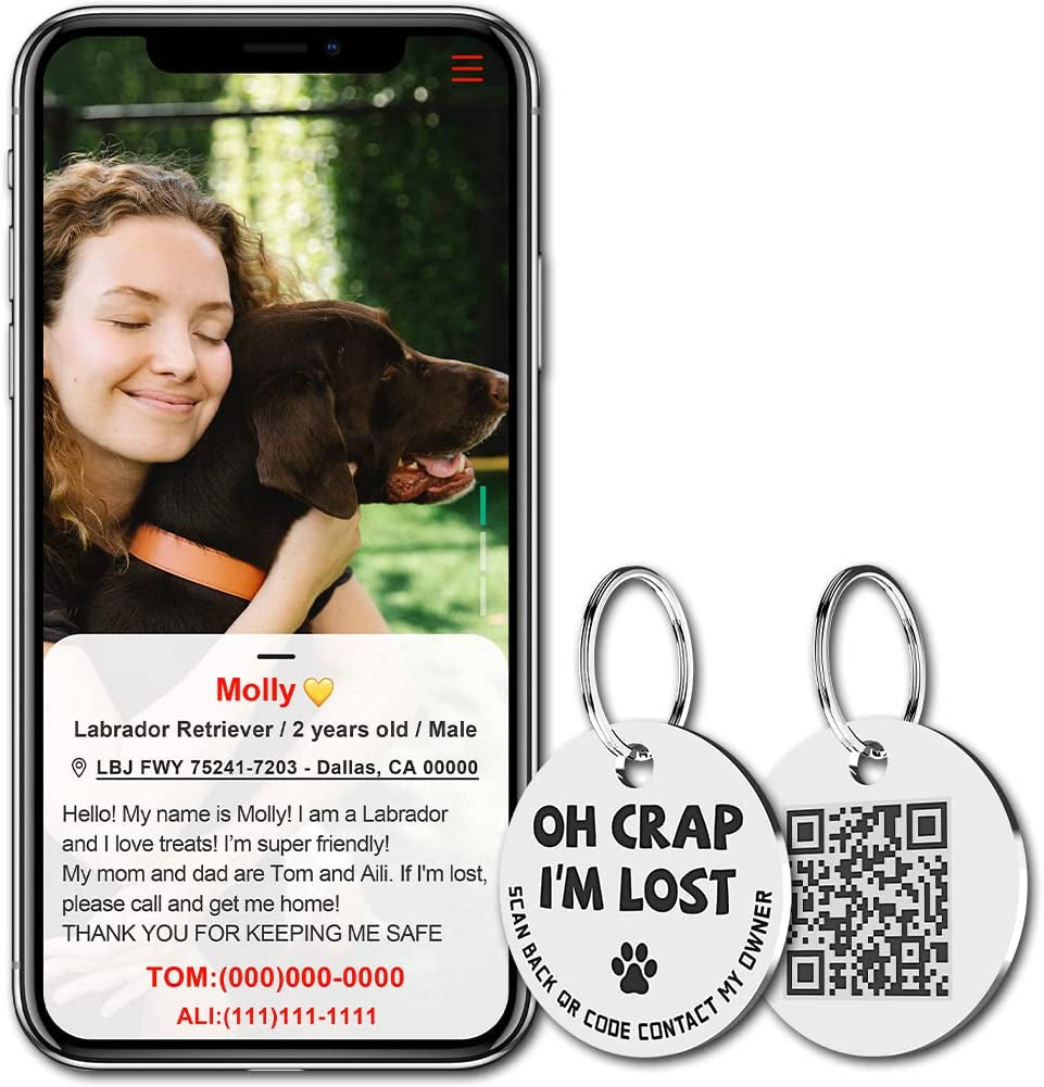 Digital pet identification tag with QR code and contact details for lost pets from Purrfect Pet Kingdom