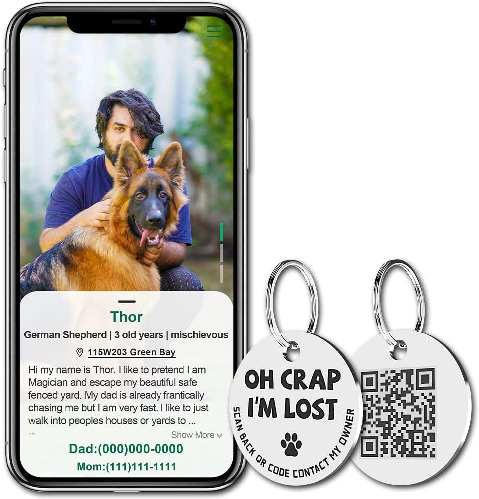 Personalized digital pet identification tag with QR code and emergency contact details for pets