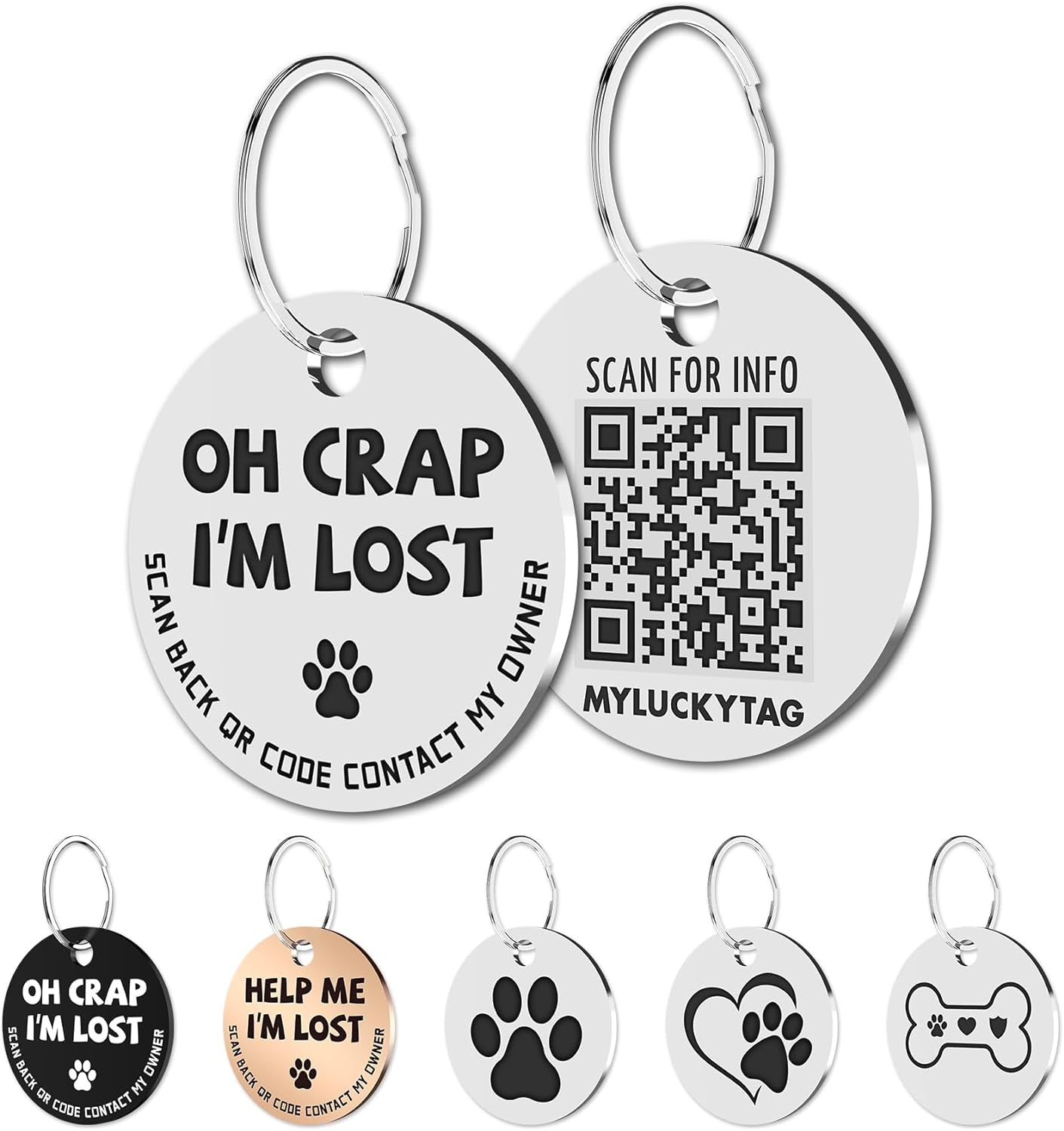 Digital pet identification tag with QR code and text for easy owner contact in case of loss