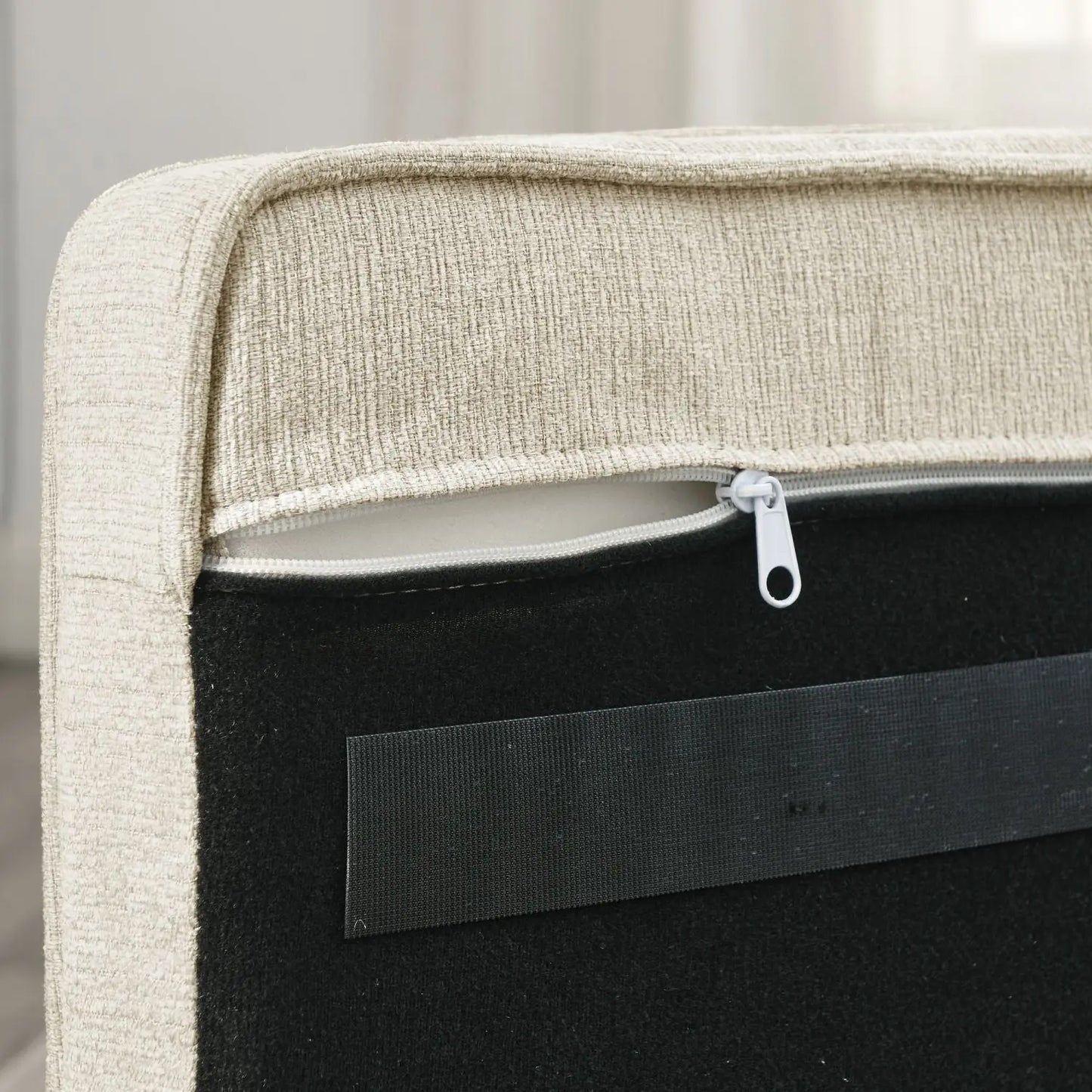 Close-up of beige Noble Dog Bed from Purrfect Pet Kingdom with zipper detail and fabric texture