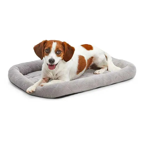 Gray 24-inch rectangle dog bed with diamond stitch design by The Family Pet, perfect for crate use and stylish comfort.