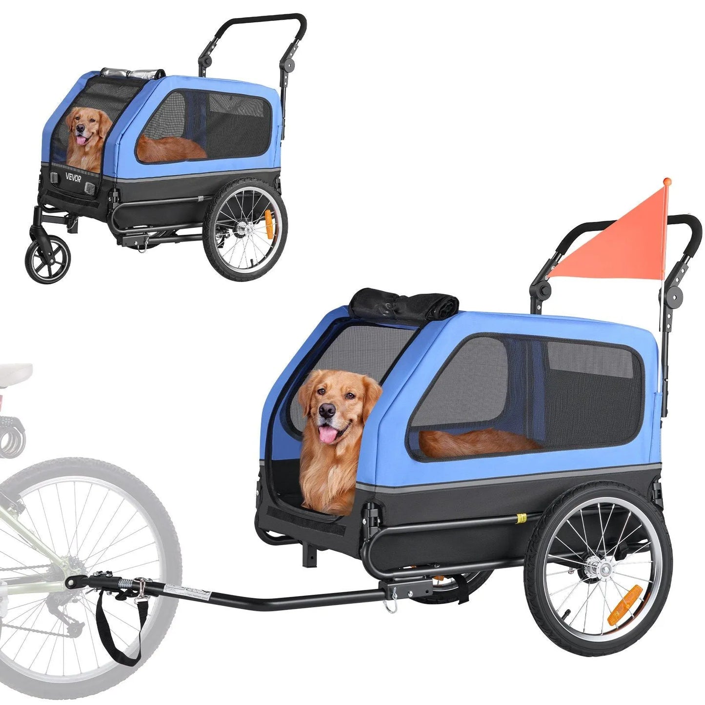 Dog Bike Trailer by Berry Charmz, supports up to 88 lbs, features a folding frame, internal leash, and quick-release wheel.