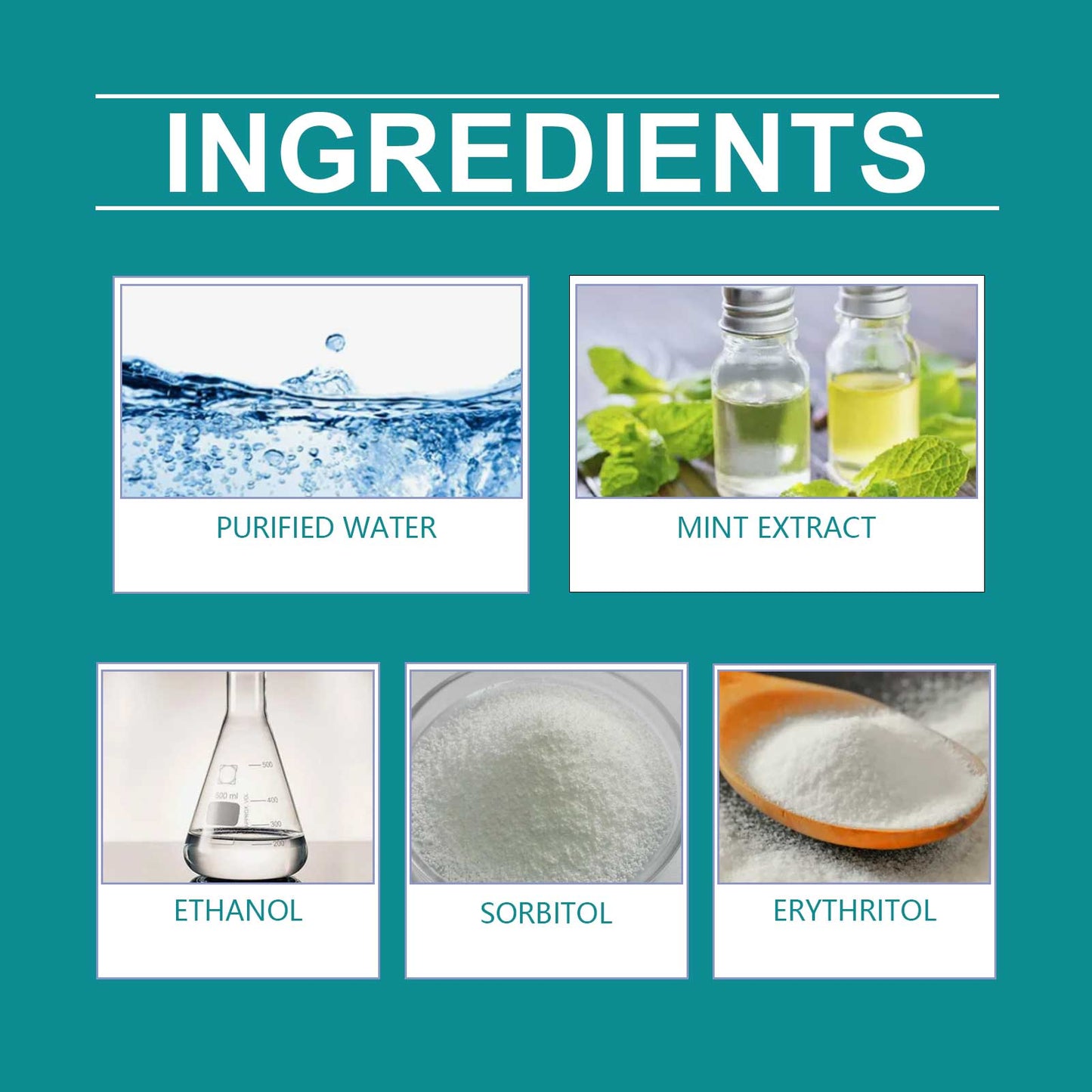 Natural ingredients for dog breath freshener mouthwash including purified water and mint extract