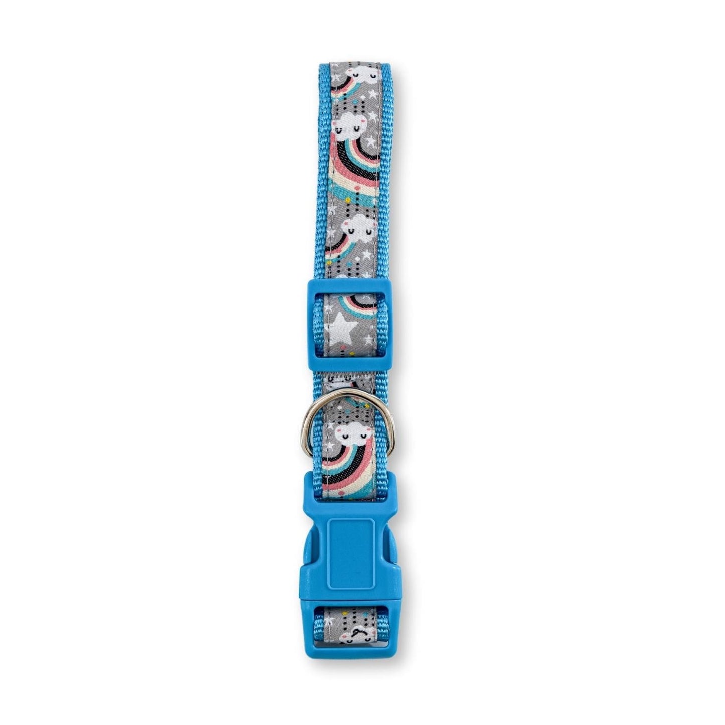 Bright blue adjustable comfortable dog collar with colorful animal patterns for pets