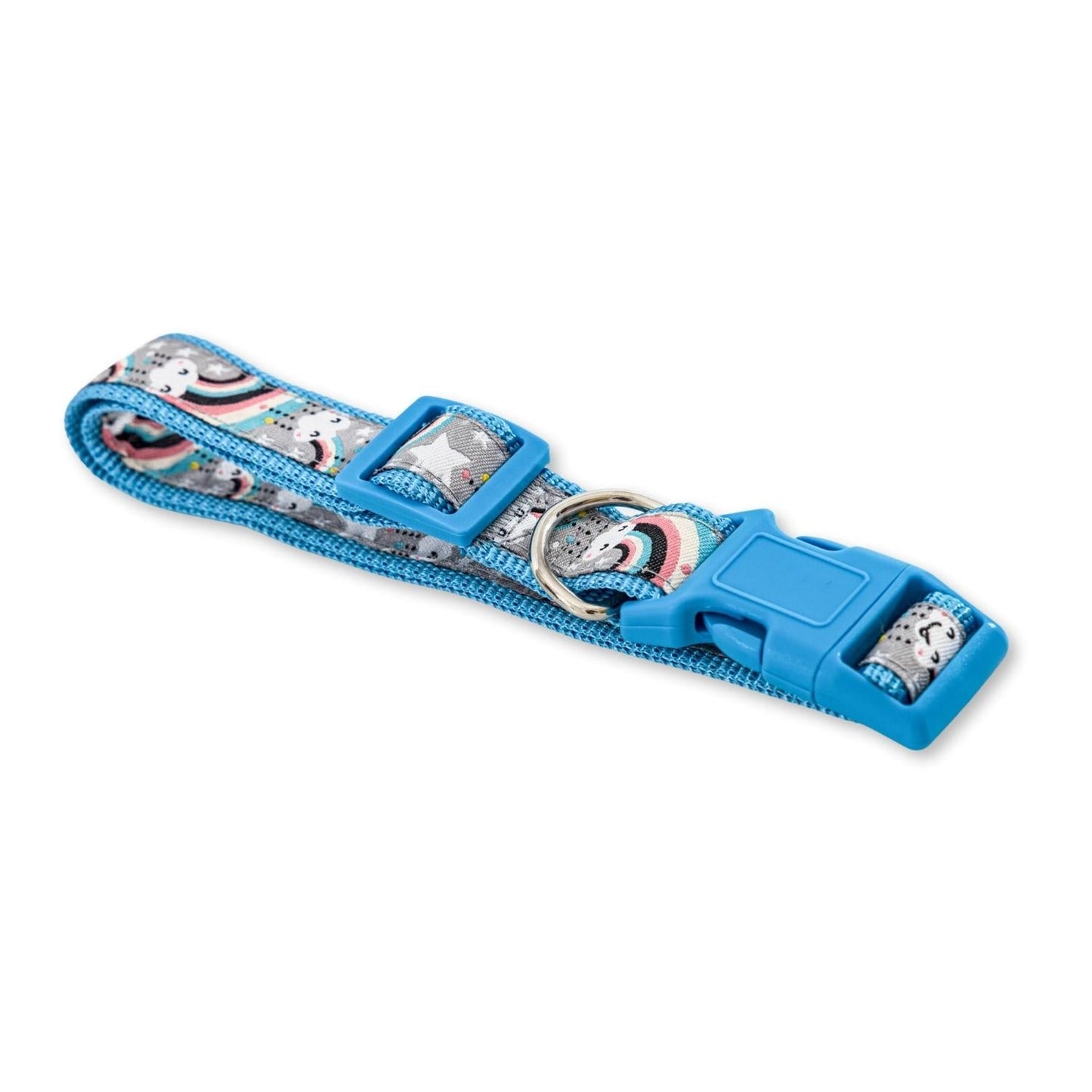 Blue adjustable comfortable dog collar with a playful design for stylish pets
