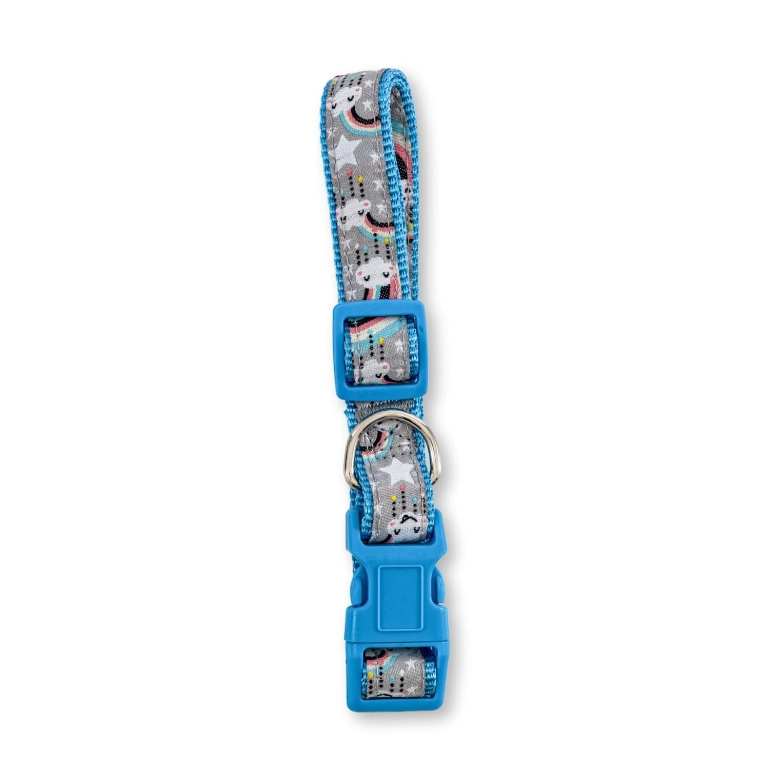 Bright blue adjustable comfortable dog collar featuring a fun unicorn design for pets