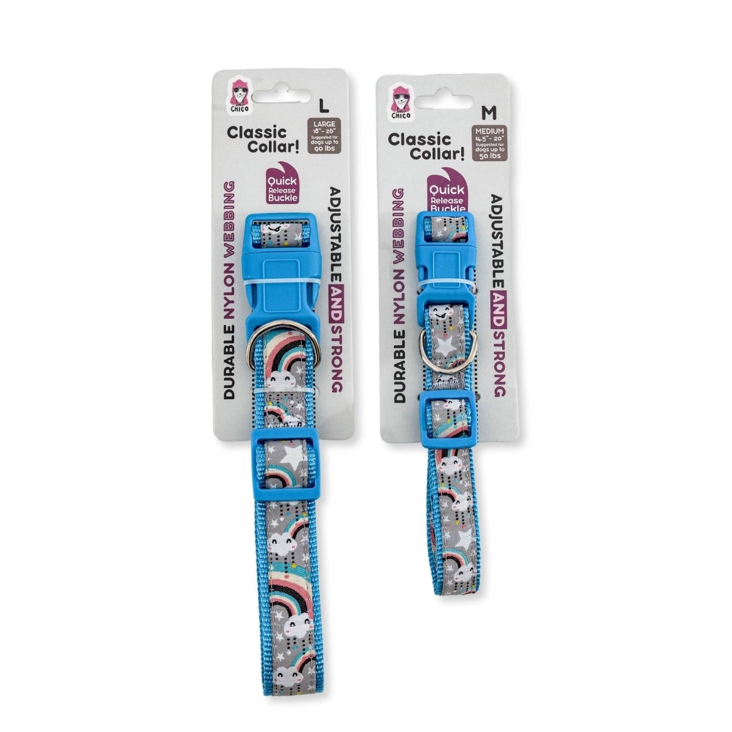 Two adjustable comfortable dog collars in blue, featuring a vibrant unicorn design and a quick-release buckle