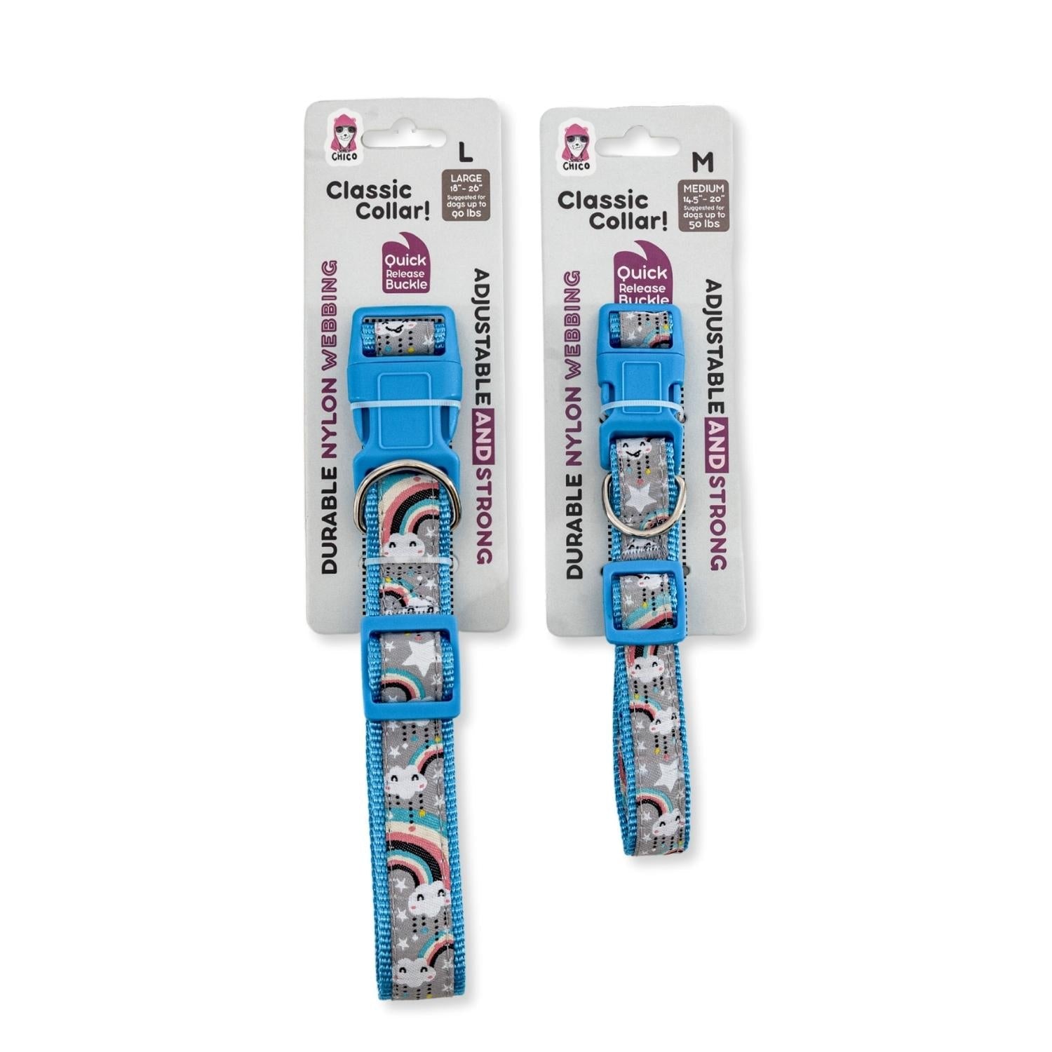 Two adjustable comfortable dog collars in blue, featuring a vibrant unicorn design and a quick-release buckle