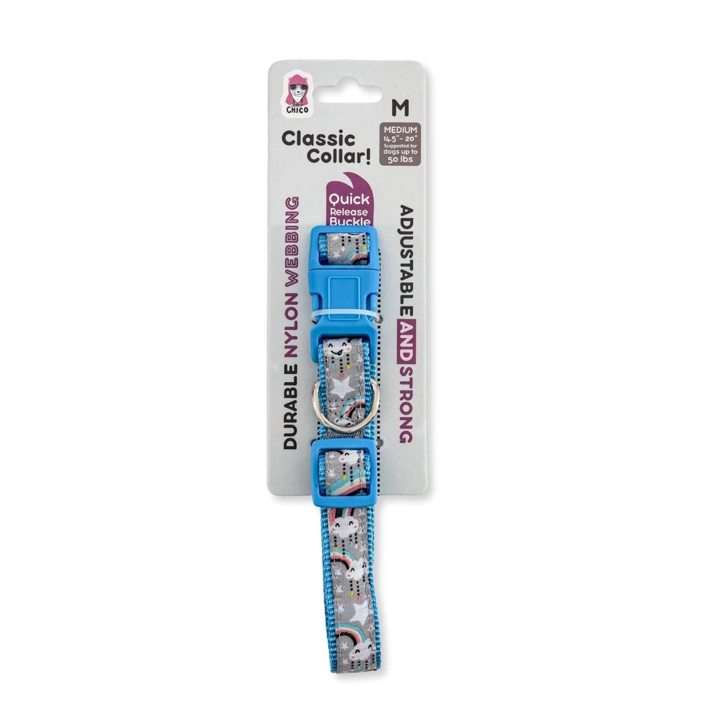 Blue adjustable comfortable dog collar made of durable nylon webbing with quick buckle for easy use