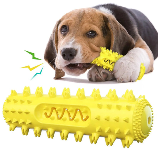 Puppy chewing on yellow Dog Dental Toy by Purrfect Pet Kingdom with textured surface for dental health
