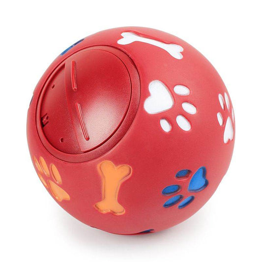 Purrfect Pet Kingdom red interactive dog enrichment puzzle feeder ball with colorful paw and bone designs