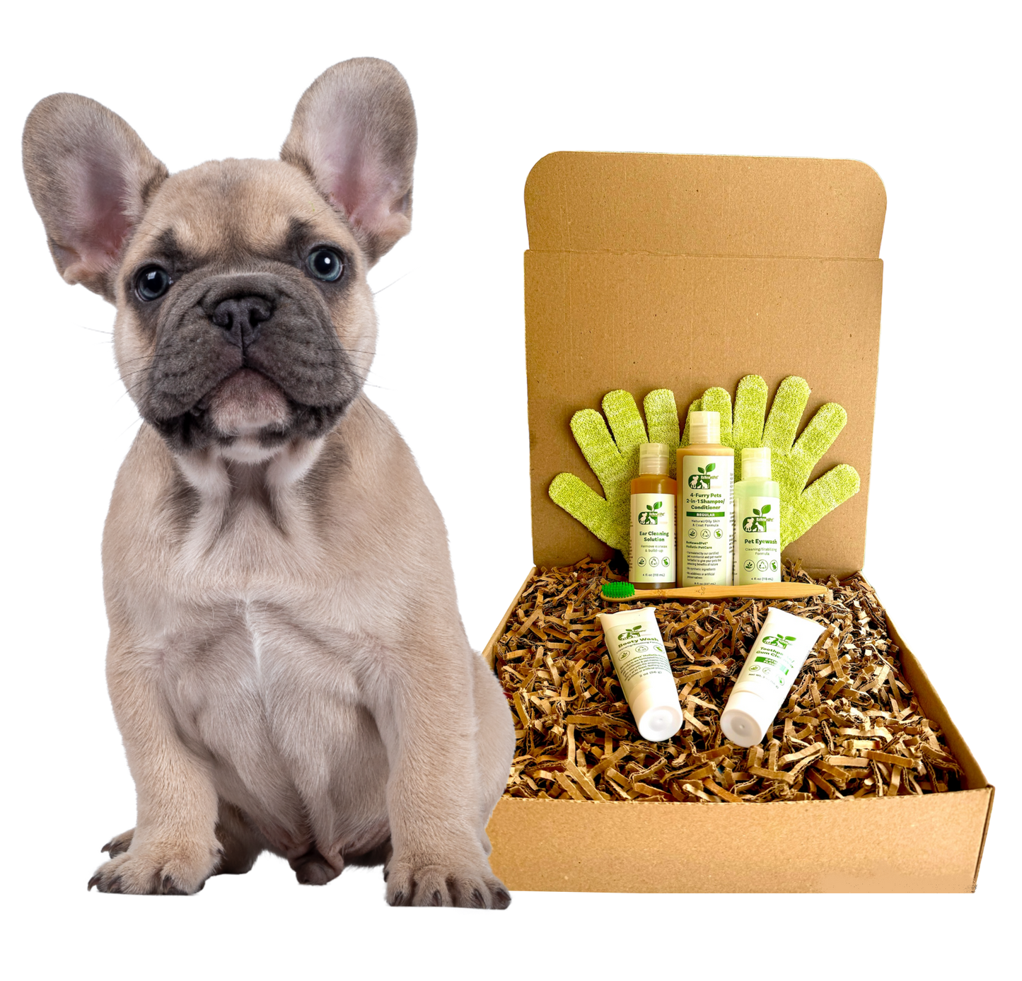 ReNewedPet dog grooming kit with shampoo, conditioner, and grooming gloves for healthy pet care